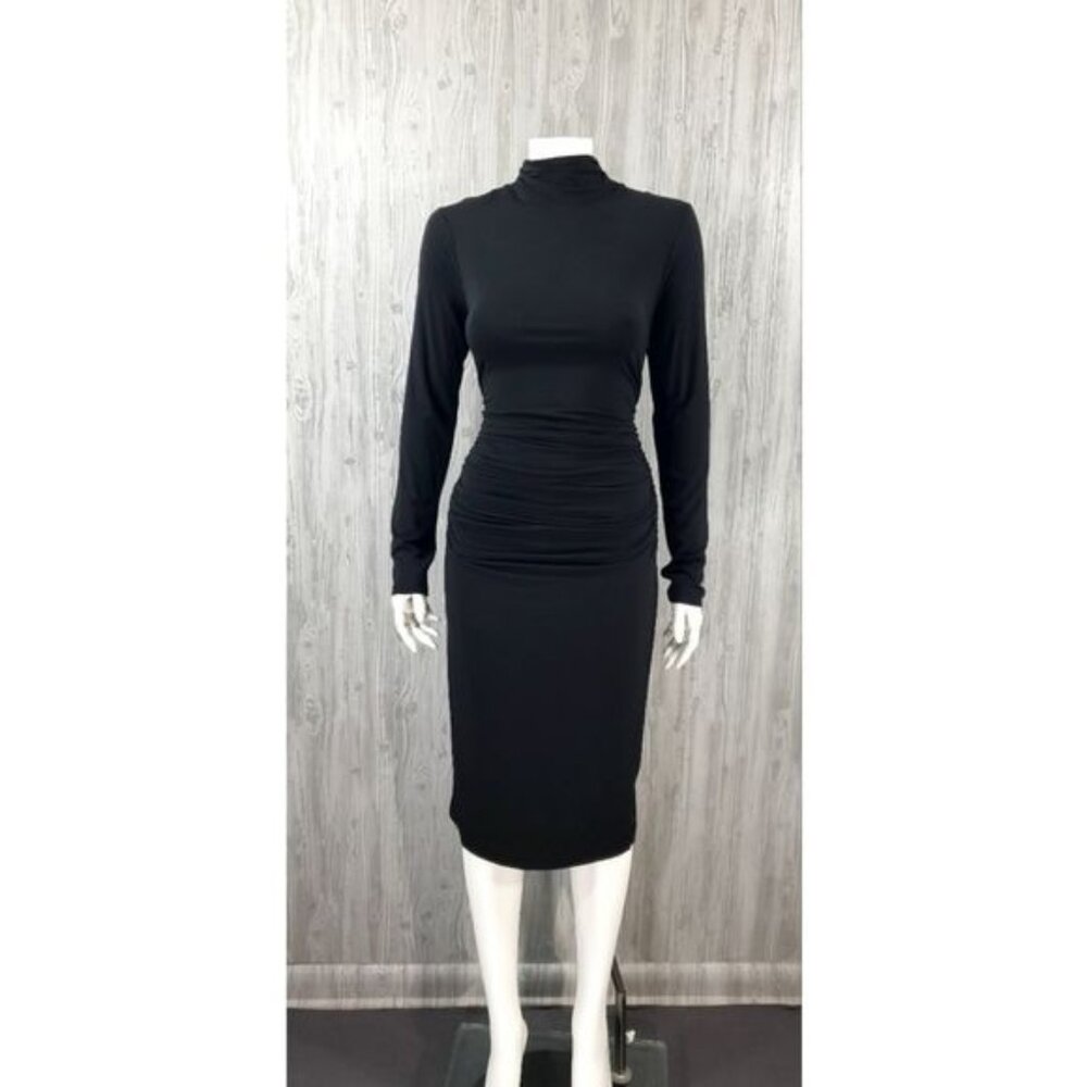 White House Black Market Black Dress Mock Neck Shirred